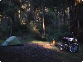 Tent and motorcycle at a forest campsite
